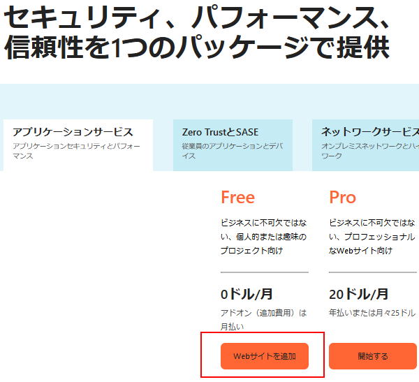 cloudflareのプラン選択画面
