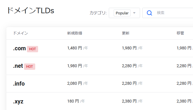 mixhost ドメインの新規取得および更新料金