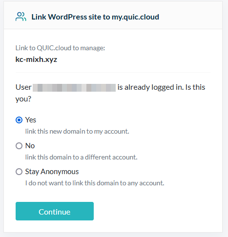 Link WordPress site to my.quic.cloud