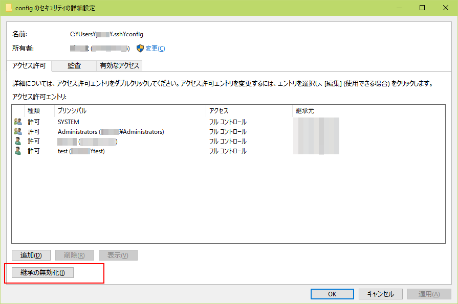 Windowsファイルのプロパティセキュリティの詳細設定画面